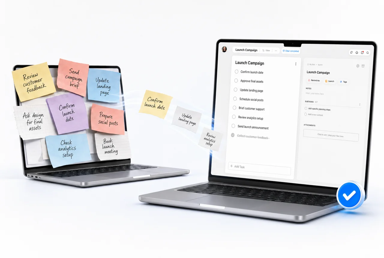 Handwritten sticky notes on a laptop turning into a tidy Any.do task list on another